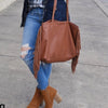 POSITIVE ELEMENTS LEATHER DEL FRINGE TOTE IN BROWN