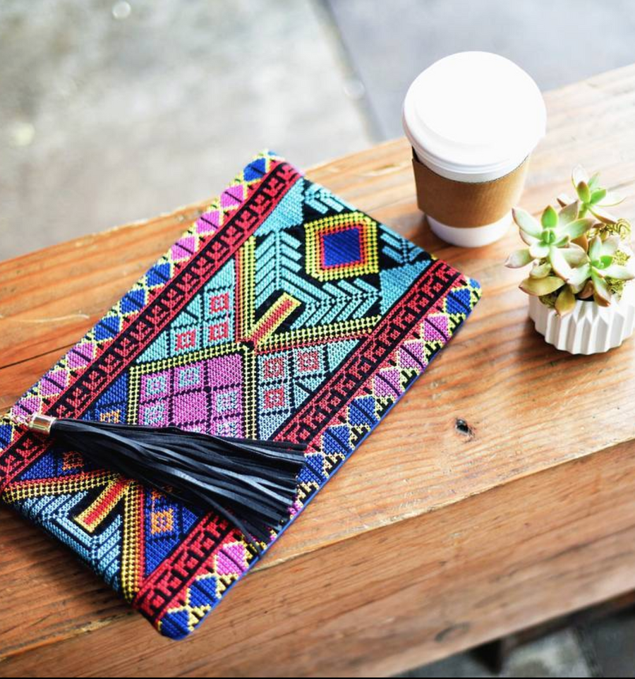 GLOBE TROTTER EMBROIDERED CLUTCH